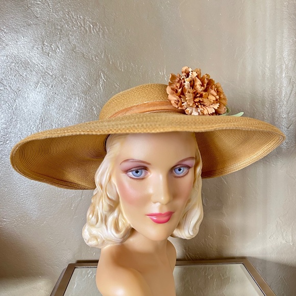 TIMELESS 1950\'S GOLD STRAW WIDE BRIM HAT + FABRIC FLOWERS + VELOUR BAND main image 6
